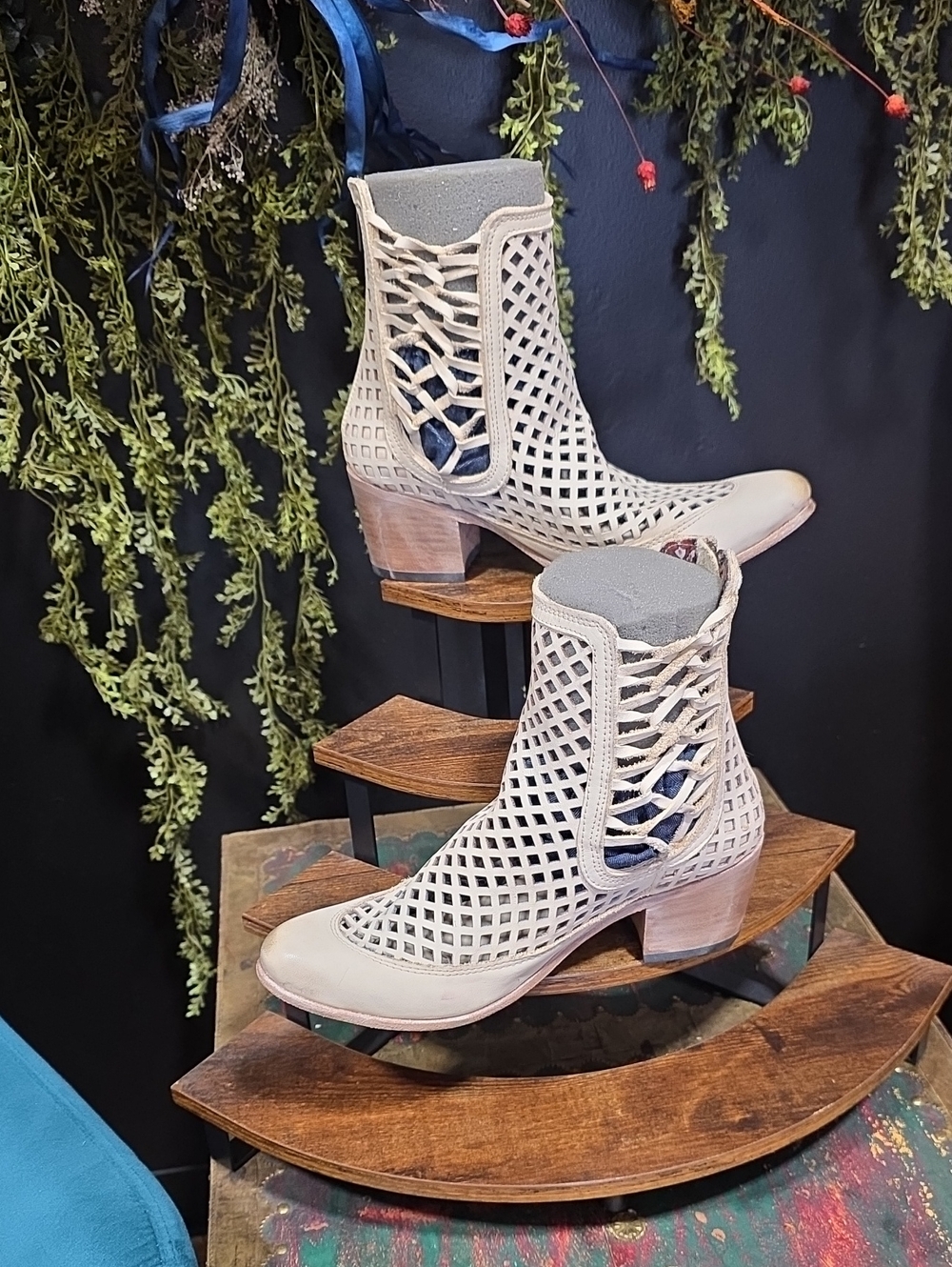 Freebird by Steven Beige Laser-Cut Leather Ankle Booties with Block Heel
